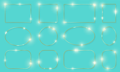Gold shiny glowing frames set with shadows isolated on turquoise background. Pack of luxury realistic square, round, oval borders. Vector illustration
