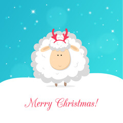 Christmas greeting card. White funny sheep on blue background. Vector cute Illustration