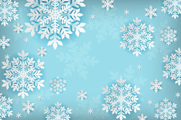 Christmas greeting card with paper snowflakes on blue background.