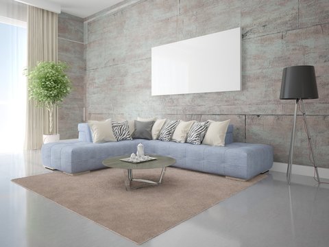 Mock up perfect living room with a modern corner sofa and hipster backdrop.