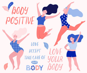 Happy beautiful active plus size girls vector flat  illustration. Body positive concept.