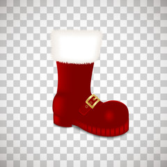 A single Santa Claus Christmas red high boots Realistic vector illustration icon isolated on transparent background.
