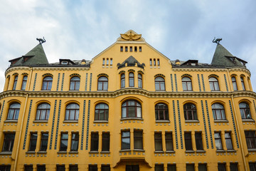 Fototapeta na wymiar The Cat House, Art Nouveau building in the old town of Riga, Latvia.