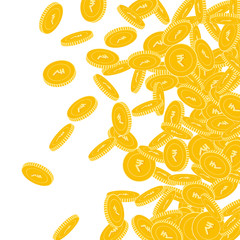 Indian rupee coins falling. Scattered big INR coin