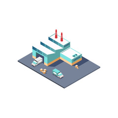 Public city transport isometric city buildings with images of different municipal and private buildings.