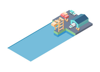 Public city transport isometric city buildings with images of different municipal and private buildings.