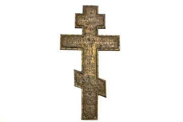 cross old orthodox copper on white isolated background - obrazy, fototapety, plakaty