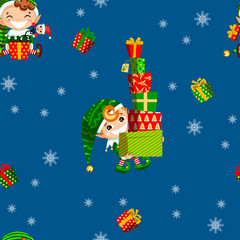 Christmas seamless pattern with happy elf carrying gift boxes on blue background. Vector 10 eps