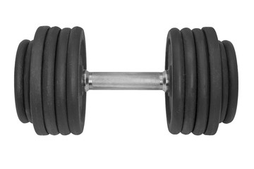 huge black metal gym dumbbell with chrome silver handle isolated on white background