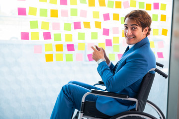 Young handsome man in wheelchair with many conflicting prioritie