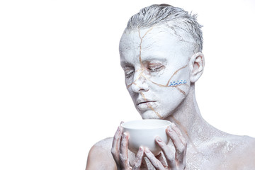 portrait of a woman holding white cup isolated over white