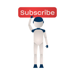 The robot presses the red button subscribe vector illustration on a white background. Arrange to receive something regularly