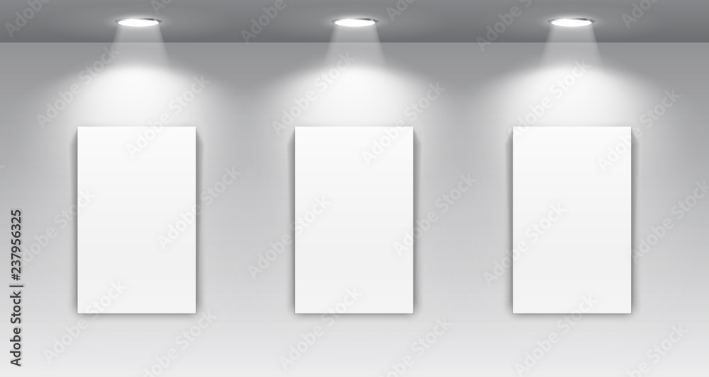 Poster gallery interior with illuminated spotlight and empty frame for paintings – stock vector