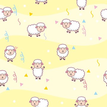 Cute yellow seamless background with sheep cartoon pattern 