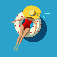 a young caucasian woman with yellow hat sunbathing on a white rubber ring in swimming pool - hand drawn vector illustration