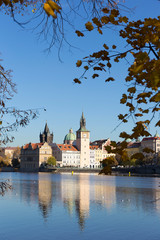 Colorful autumn Prague Old Town above River Vltava, Czech Republic