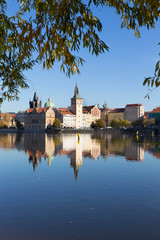 Colorful autumn Prague Old Town above River Vltava, Czech Republic