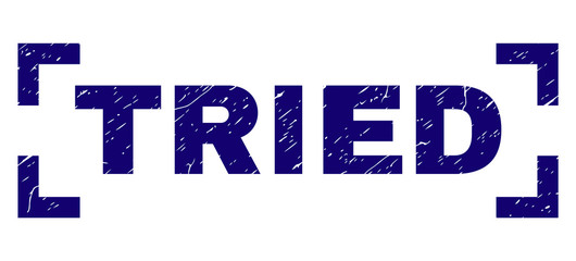 TRIED title seal print with grunge texture. Text title is placed inside corners. Blue vector rubber print of TRIED with retro texture.