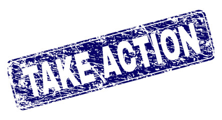 TAKE ACTION stamp seal print with grunge style. Seal shape is a rounded rectangle with frame. Blue vector rubber print of TAKE ACTION text with grunge texture.