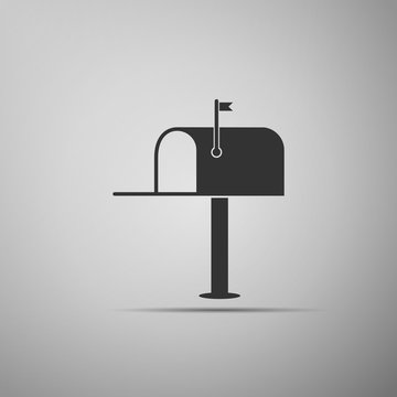 Open mail box icon isolated on grey background. Mailbox icon. Mail postbox on pole with flag. Flat design. Vector Illustration