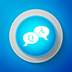 White Question and Answer mark in speech bubble icon isolated on blue background. Q and A symbol. Circle blue button with white line. Vector illustration