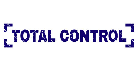 TOTAL CONTROL text seal print with corroded effect. Text caption is placed inside corners. Blue vector rubber print of TOTAL CONTROL with retro texture.