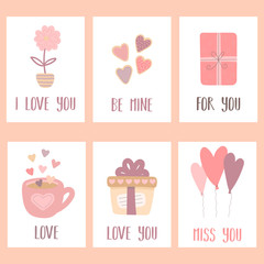 Vector image of collection of cards with hand-drawn gifts, balloons, flower, cup, hearts, love cookies. Illustration for Valentine's Day, lovers, prints, clothes, textiles, banner, flyer, holidays.