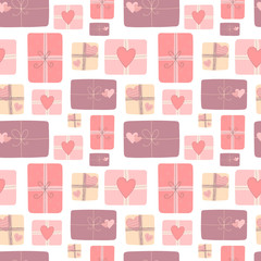 Seamless pattern of hand-drawn love gifts in pink, beige, purple colors. Vector image for Valentine's Day, lovers, prints, clothes, textiles, cards, holidays, children, baby shower, wrapping paper