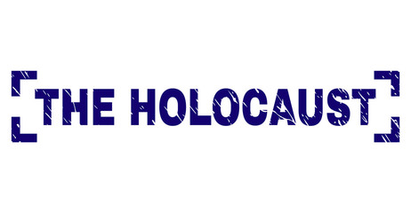 THE HOLOCAUST title seal print with distress texture. Text title is placed between corners. Blue vector rubber print of THE HOLOCAUST with corroded texture.
