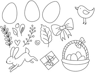 Easter set of hand drawn line illustration. Happy Easter template with eggs leaves rabbit and chick. Vector illustration
