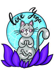 Hand drawn Cute cartoon cat in meditation sitting in lotus. With lettering Love Yoga. Vector illustration