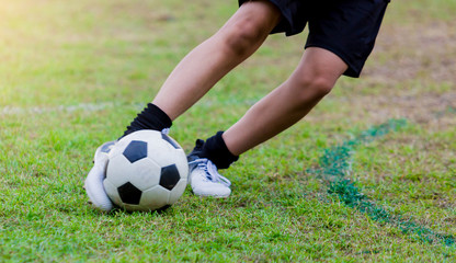 Boy soccer player speed run to shoot ball to goal on green grass.