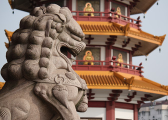 Stone lion infront of a pagoda in a temple in the old town of Shanghai, China, Asia