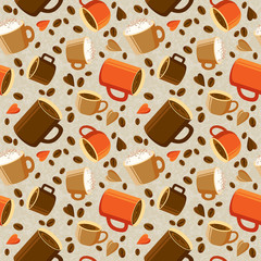 Cups of coffee or tea, coffee beans, hearts on a light background. Bright coffee background. seamless texture. Vector illustration. Eps 10.