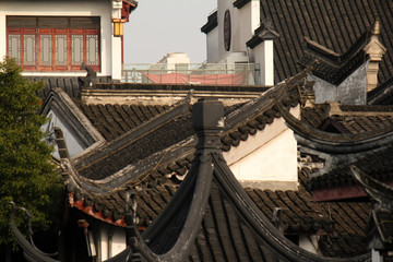 Fototapeta na wymiar Roof tops of ancient houses in Qibao the old town Shanghai, China, Asia