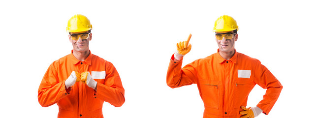 Contractor employee wearing coveralls isolated on white