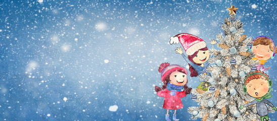 Watercolor christmas background with children.