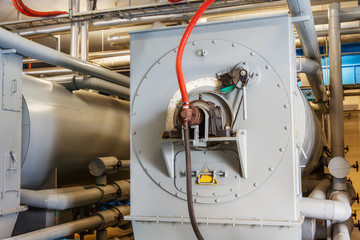 Fototapeta premium View of the equipment at the plant for the production of rapeseed oil.