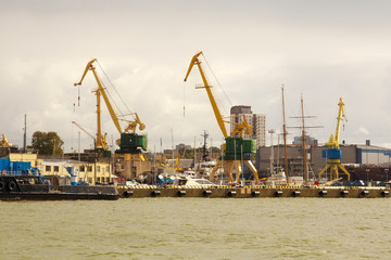 Fototapeta premium Heavy harbor jib cranes in the Klaipeda Sea Port, Lithuania.