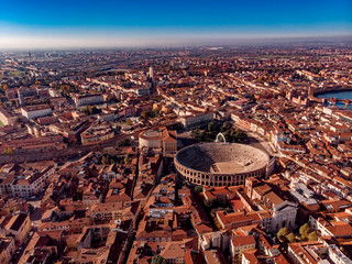 Aerial view Cityscape of Verona city and Arena, Italy drone. - obrazy, fototapety, plakaty