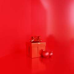 Red gift box on red background.Christmas concept. 3d rendering