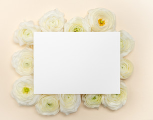 Obraz na płótnie Canvas Pale Yellow background with white ranunculus and blank note template flat lay 