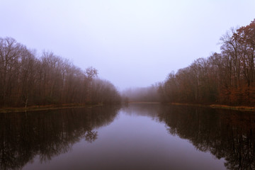 Fototapeta na wymiar Gloomy lake on a foggy autumn morning