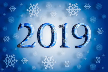 2019 christmas new year concept, falling snowflakes with shadow on blue gradient background
