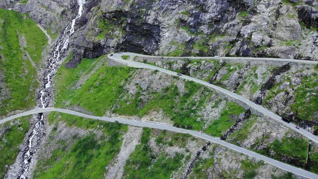 Aerial view. Trolls Path Trollstigen or Trollstigveien winding scenic mountain road in Norway Europe. National tourist route
