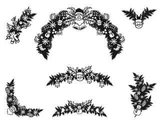 Obraz premium Set of christmas ornament silhouette on white background.Black and white christmas sticker vector by hand drawing