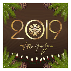 Happy New Year 2019. Congratulatory inscription on a wooden surface with fir branches and electric gerland. Vector illustration