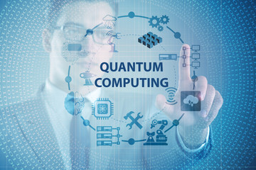 Businessman pressing virtual button in quantum computing concept