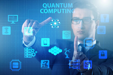 Businessman pressing virtual button in quantum computing concept