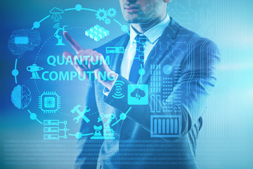 Businessman pressing virtual button in quantum computing concept